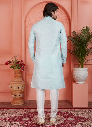 Pintex Work Brocade Kurta Pyjama In Aqua Blue
