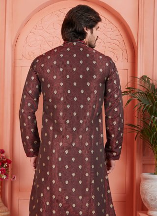 Pintex Work Brocade Kurta Pyjama In Brown for Ceremonial
