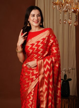 Piquant Orange Pure Georgette Contemporary Saree