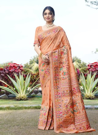 Piquant Peach Pure Silk Traditional Saree with Weaving Work
