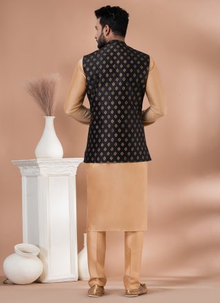 Plain and Print Work Dupion Silk Kurta Payjama with Jacket In Black and Brown