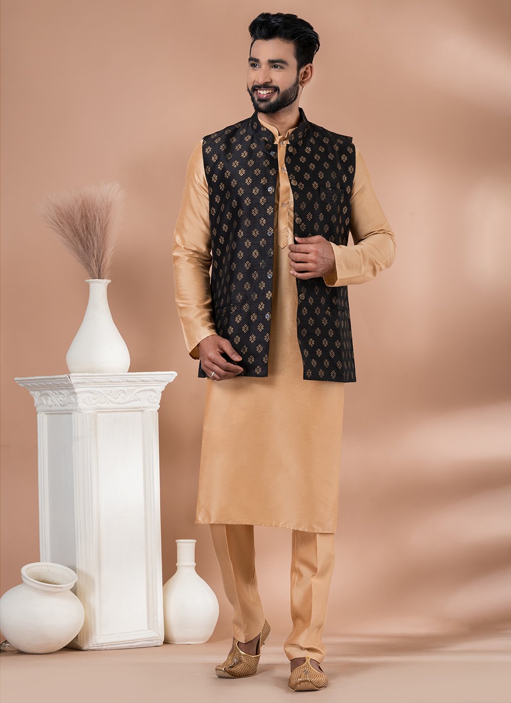 Dress Black Kurta With Brown Waistcoat Green Waist Coat Black