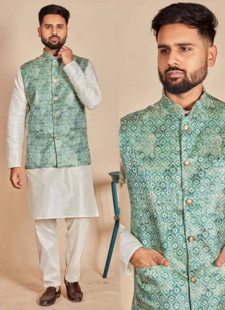 Plain and Print Work Silk Kurta Payjama with Jacket In Green and Off White