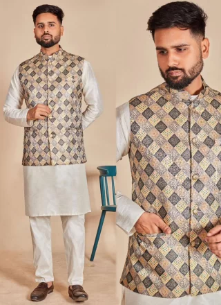 Plain and Print Work Silk Kurta Payjama with Jacket In Multi Colour and Off White for Ceremonial