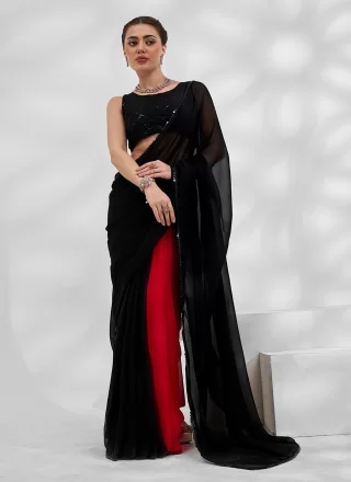 Black Georgette Saree With Floral Self Embroidery And Stones Online at Soch  India