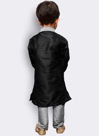Plain Work Art Dupion Silk Kurta Pyjama In Black