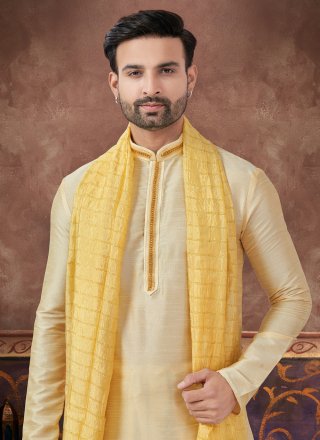 Plain Work Art Silk Kurta Pyjama In Gold