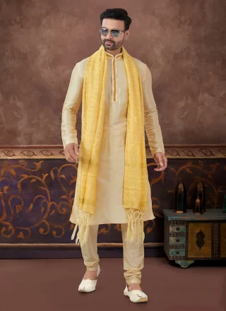 Plain Work Art Silk Kurta Pyjama In Gold