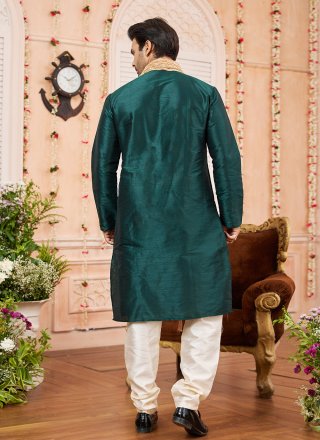 Plain Work Art Silk Kurta Pyjama In Green