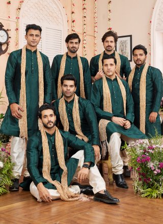 Plain Work Art Silk Kurta Pyjama In Green