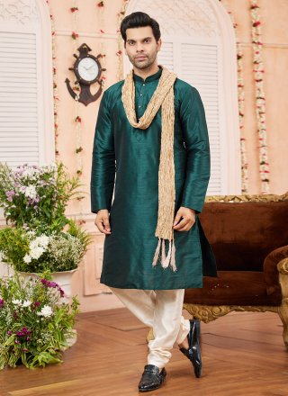 Plain Work Art Silk Kurta Pyjama In Green