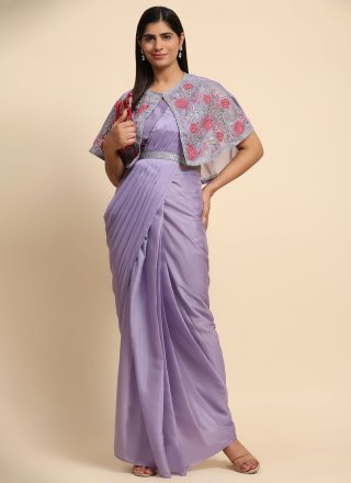 Plain Work Chiffon Contemporary Sari In Lavender for Ceremonial