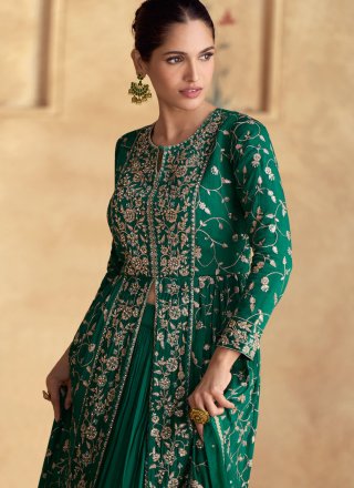 Plain Work Chinon Lehenga Choli In Green