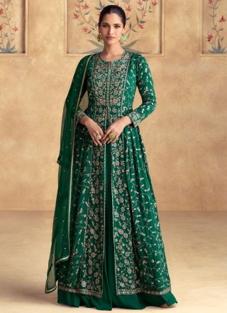 Plain Work Chinon Lehenga Choli In Green