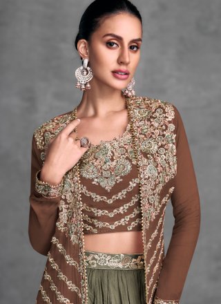 Plain Work Chinon Readymade Lehenga Choli In Green
