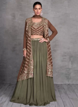 Plain Work Chinon Readymade Lehenga Choli In Green
