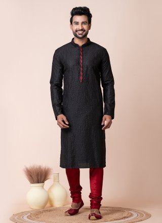 Plain Work Cotton Kurta Pyjama In Black