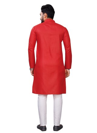 Plain Work Cotton Kurta Pyjama In Red for Casual