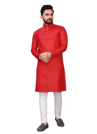 Plain Work Cotton Kurta Pyjama In Red for Casual