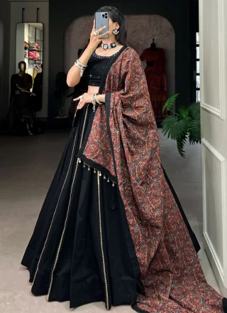 Plain Work Cotton Lehenga Choli In Black for Ceremonial