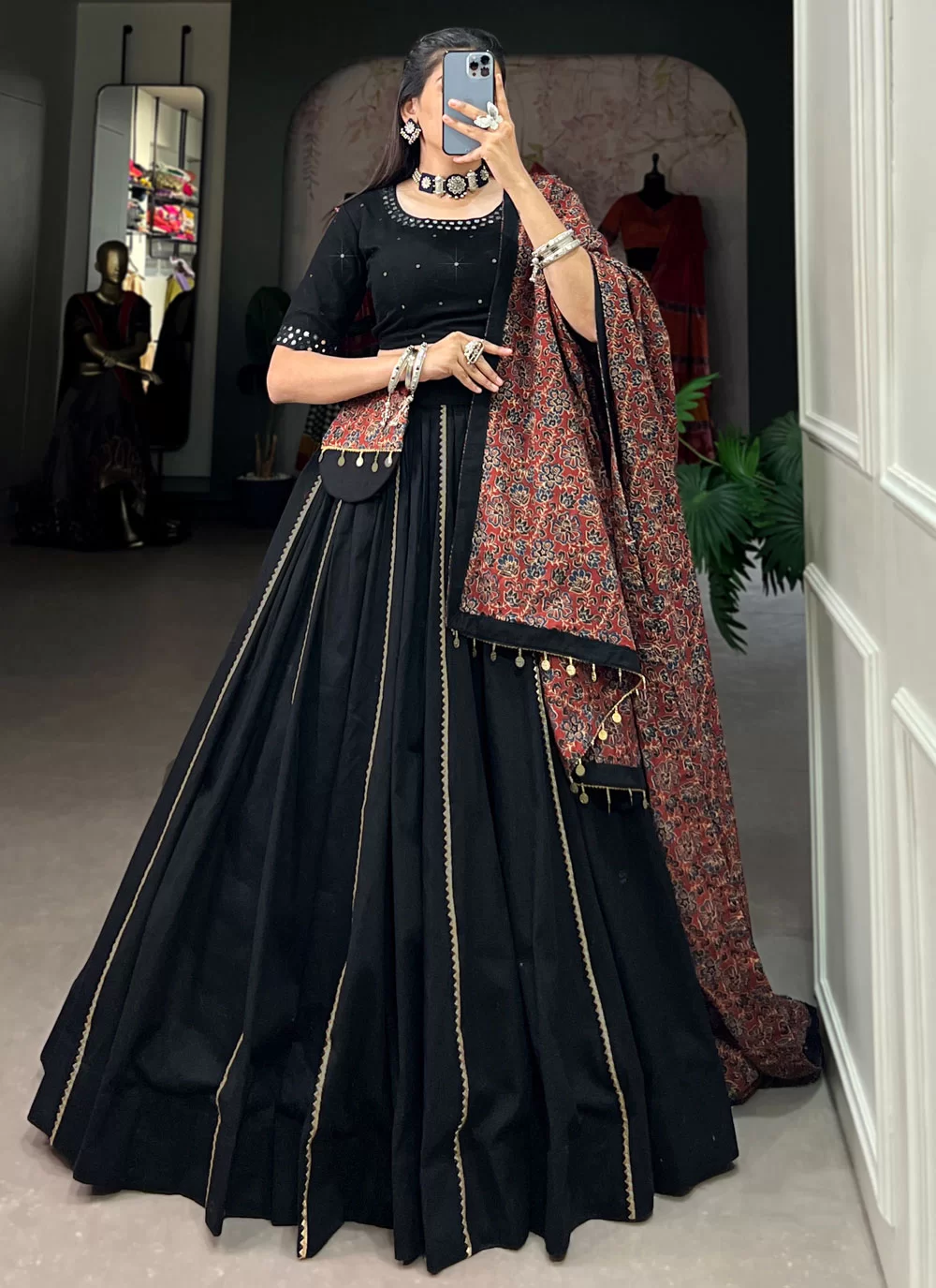 Buy Online Plain Work Cotton Lehenga Choli In Black for Ceremonial 293170