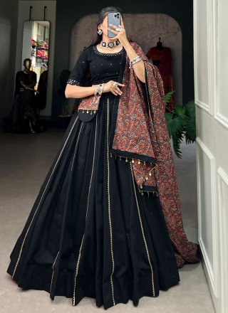Plain Work Cotton Lehenga Choli In Black for Ceremonial