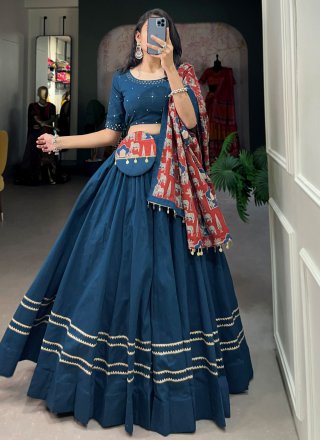 Plain Work Cotton Lehenga Choli In Blue