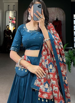 Plain Work Cotton Lehenga Choli In Blue