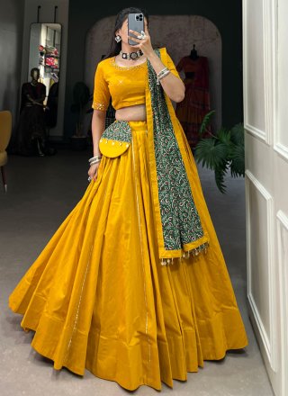 Plain Work Cotton Lehenga Choli In Mustard