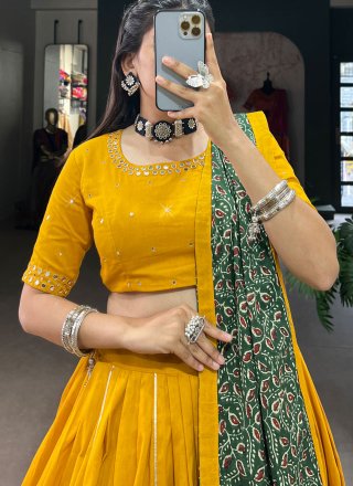 Plain Work Cotton Lehenga Choli In Mustard
