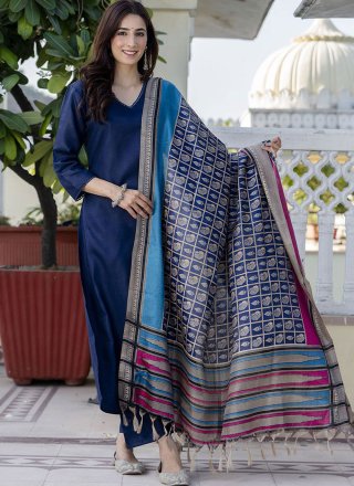 Plain Work Cotton Pant Style Suit In Blue for Ceremonial