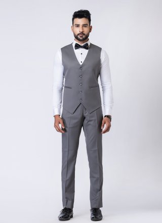 Plain Work Cotton Tuxedo Suit In Grey and White