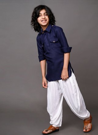 Plain Work Dupion Silk Kurta Pyjama In Blue