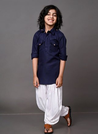 Plain Work Dupion Silk Kurta Pyjama In Blue