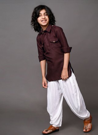 Plain Work Dupion Silk Kurta Pyjama In Brown for Festival