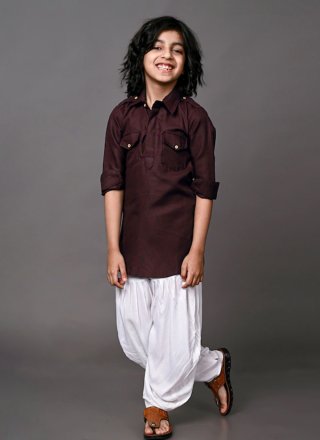 Plain Work Dupion Silk Kurta Pyjama In Brown for Festival