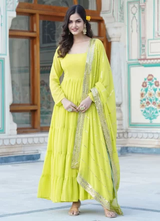 Plain Work Faux Georgette Designer Gown In Green for Ceremonial