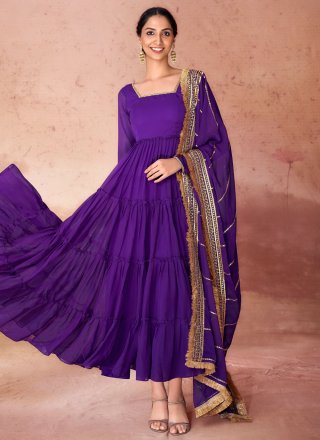 Plain Work Georgette  Designer Gown In Violet for Festival