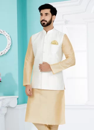 Plain Work Jacquard Nehru Jackets In White