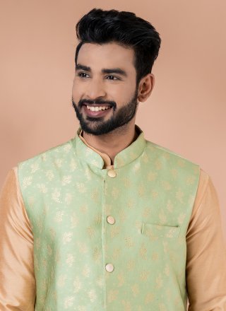Plain Work Jacquard Silk Kurta Payjama with Jacket In Brown and Green