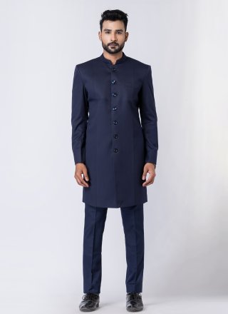 Plain Work Polyester Jodhpuri Suit In Blue