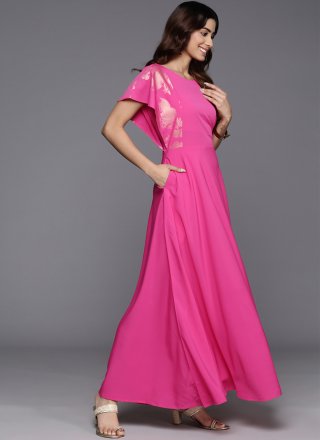 Plain Work Polyester Party Wear Kurti In Pink