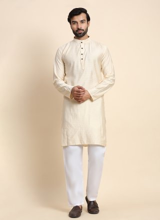 Plain Work Rayon Kurta Pyjama In Cream for Casual
