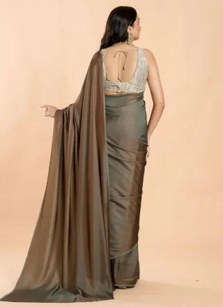 Plain Work Silk Contemporary Sari In Grey
