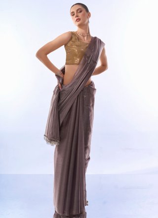 Plain Work Silk Contemporary Sari In Grey
