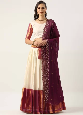 Plain Work Silk Lehenga Choli In Purple and White for Ceremonial