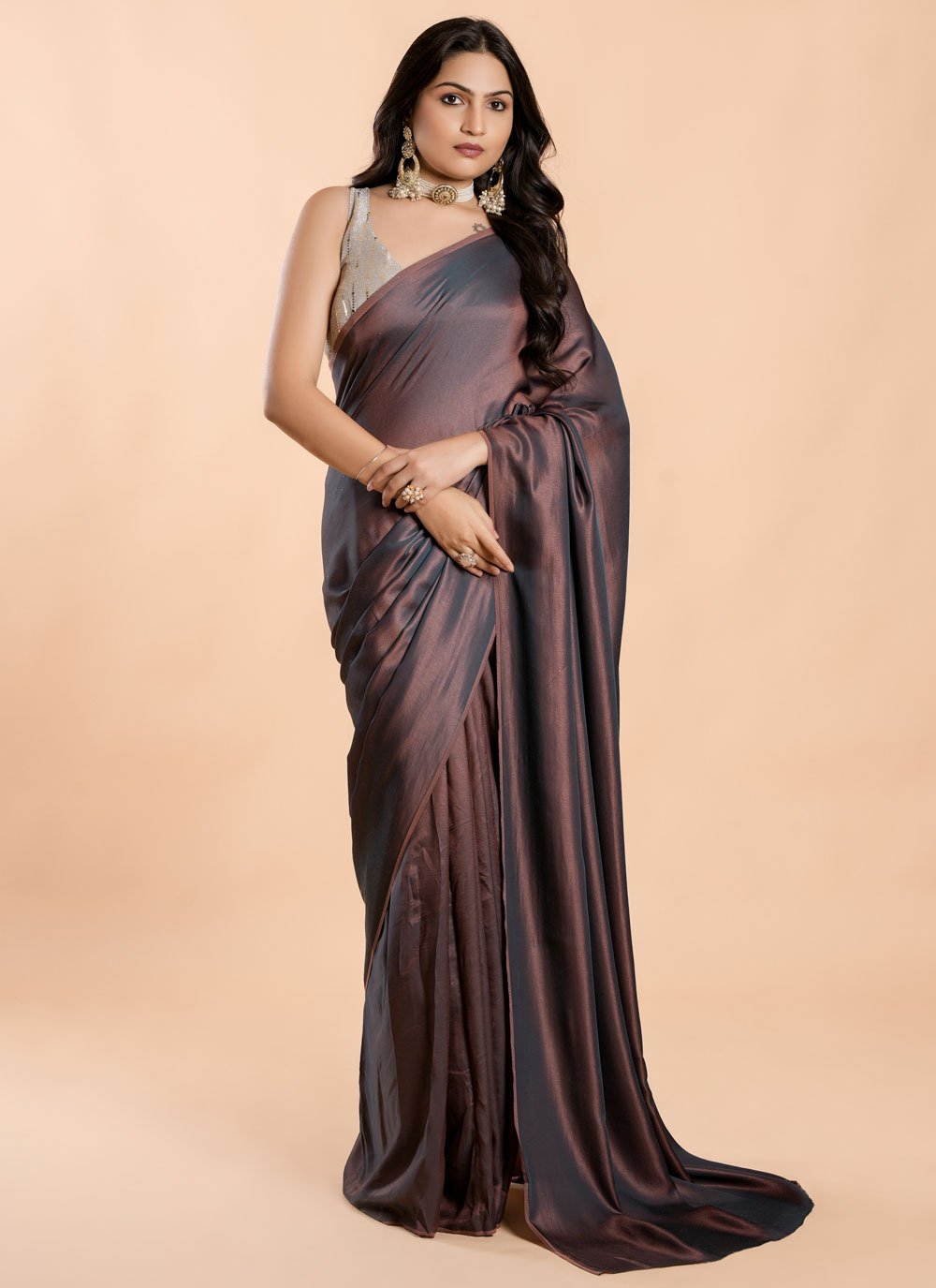 Brown plain raw silk saree with blouse - cheekudi Texworld - 3320193