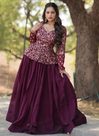 Plain Work Vichitra Silk Readymade Lehenga Choli In Wine