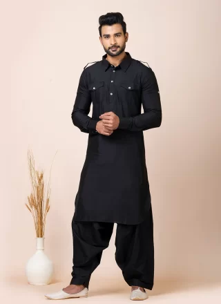 Plain Work Viscose Kurta Pyjama In Black