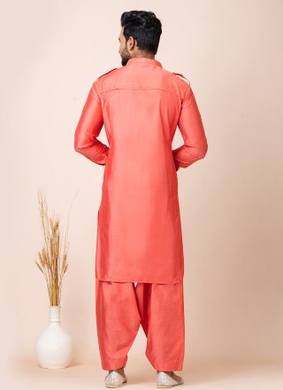 Plain Work Viscose Kurta Pyjama In Pink for Casual